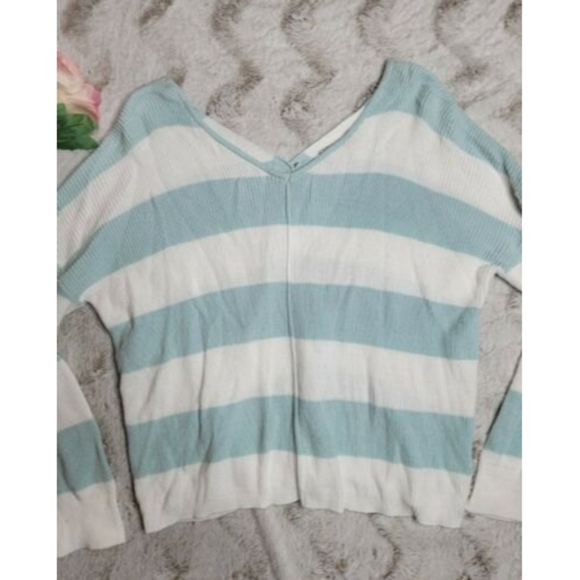 Pink Republic Cotton Blend Blue White Wide Stripe Back Button Knit Top XL - Picture 6 of 12